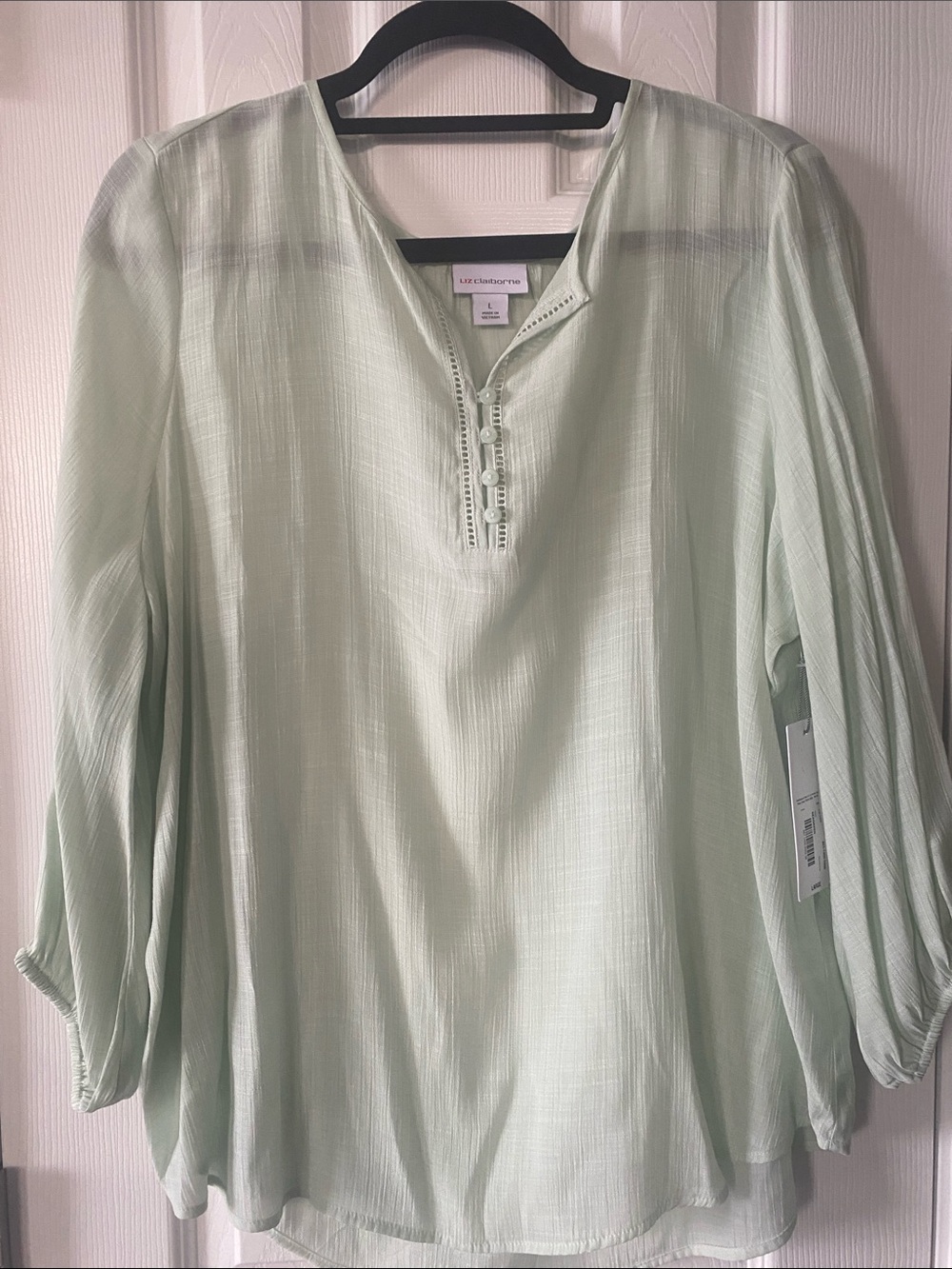 Liz Claiborne Sea Foam Green Sheer Button Front Peasant-Style Blouse Sz Large - Picture 3 of 12